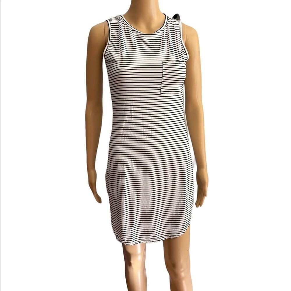 Sleeveless Mini Dress Women S Black & White Stripped Crew Neck with Pocket Sexy